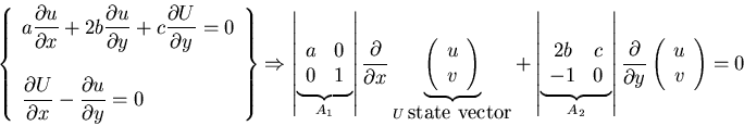 \begin{displaymath}\left \{ \begin{array}{ll}
\displaystyle{a \frac{\partial u}...
...rtial y} \left ( \begin{array}{cc}u\\ v\end{array} \right ) = 0\end{displaymath}