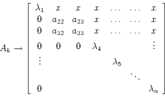 \begin{displaymath}A_k\rightarrow \left [ \begin{array}{ccccccccccc}
\lambda _1 ...
...& & & && \ddots \\
0 & & & & & & \lambda_n
\end{array}\right ]\end{displaymath}