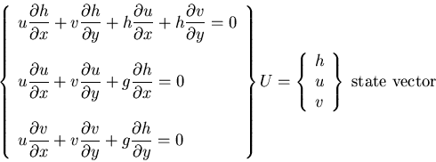 \begin{displaymath}\left \{ \begin{array}{llll}\displaystyle{u \frac{\partial h}...
...{ccc}h\\ u\\ v\end{array}\right \} \; \mbox{{\rm state vector}}\end{displaymath}